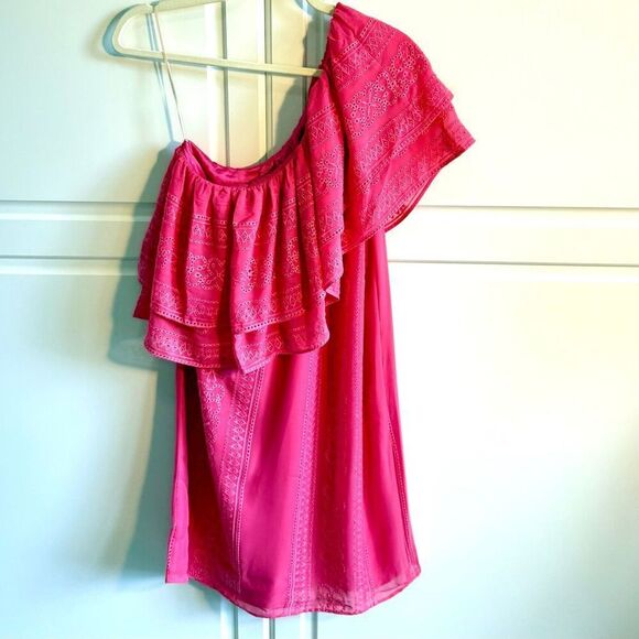 NWT Trina Turk Phebe embroidered one shoulder pink ruffle dress size M - Picture 10 of 12